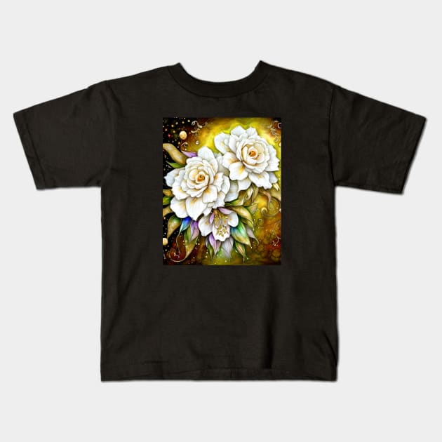 White Fantasy Flowers Kids T-Shirt by AnnieDreams